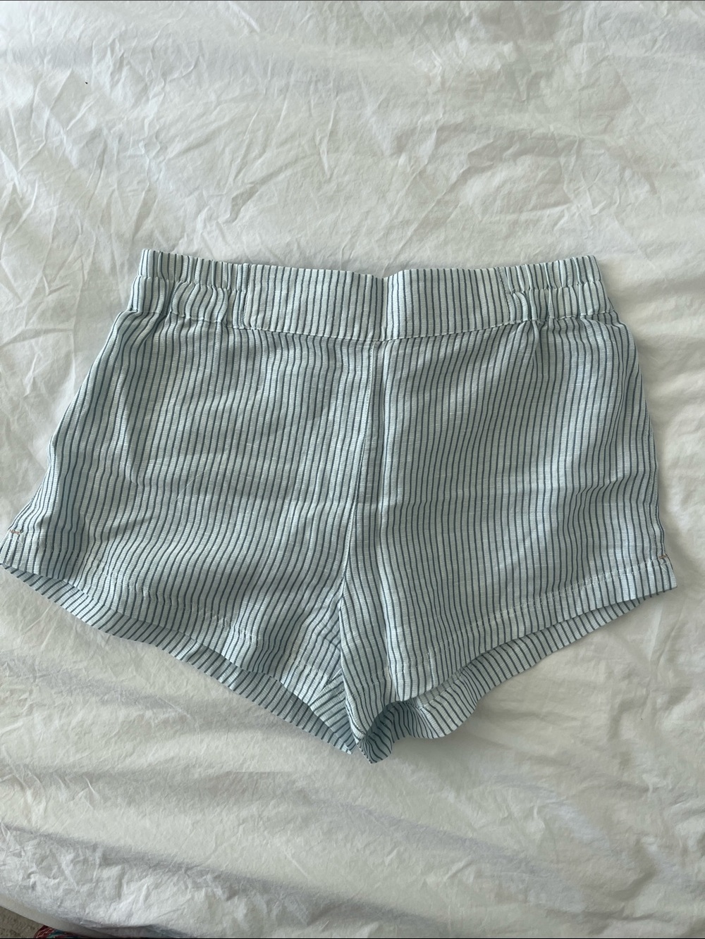 lunya High-Waist Striped Linen-Blend Shorts in Light Blue and White